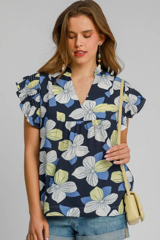 Umgee Full Size Floral Print Ruffled Cap Sleeve Babydoll Blouse Plus Size Dark Navy