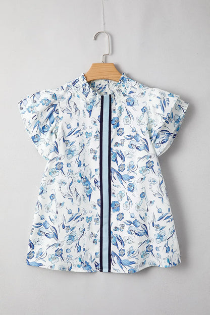 Floral Print Ruffled Short Sleeve Blouse