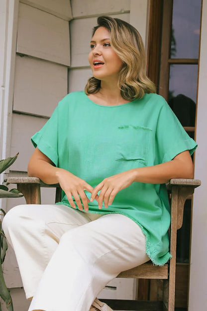 Umgee Full Size Linen Blend Cuffed Sleeve Frayed Hemline Top Plus Size