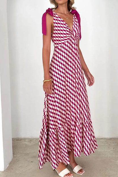 Printed V-Neck Tie Shoulder Midi Cami Dress