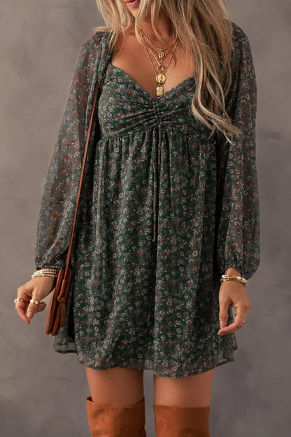 Ruched Printed Long Sleeve Mini Dress Black Forest