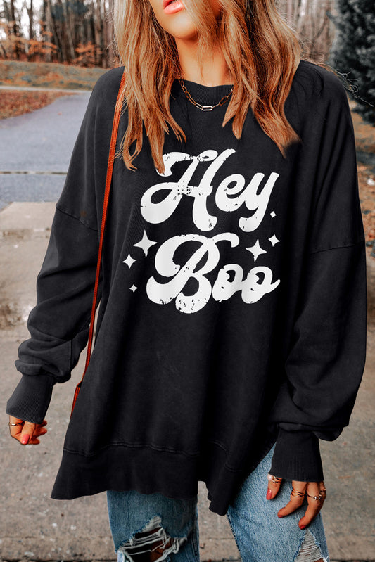 HEY BOO Graphic Round Neck Sweatshirt Black