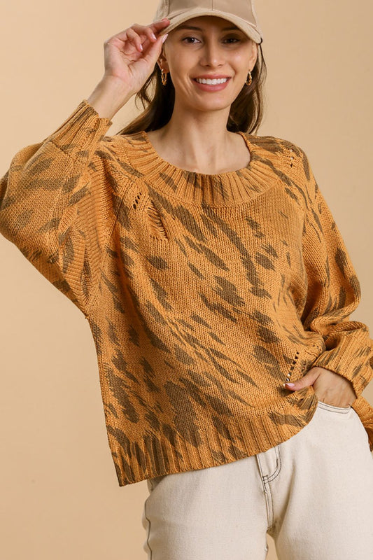 Umgee Full Size Animal Print Round Neck Distressed Detail Sweater Plus Size Mustard