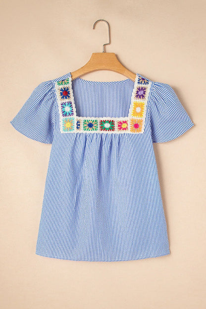 Stripe Textured Ruffle Short Sleeve Boho Detail Square Neck Blouse