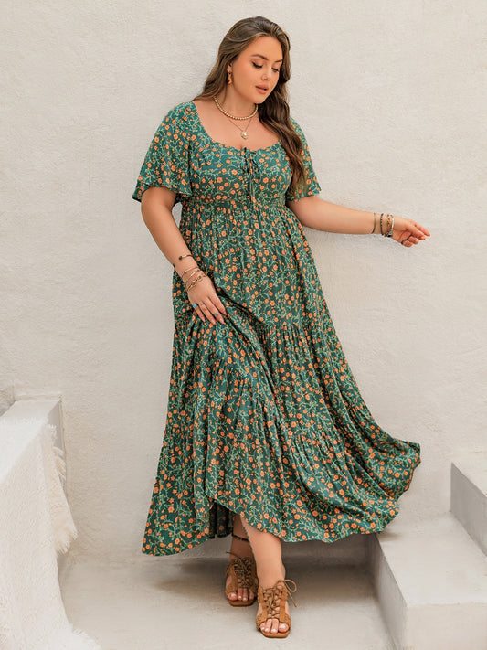 Plus Size Printed Short Sleeve Tiered Maxi Dress Dark Green
