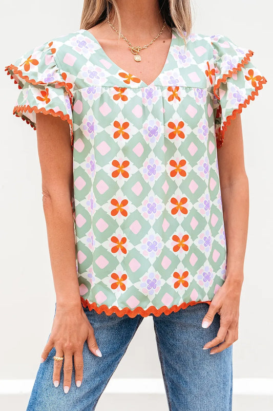 Floral Print V-neck Flutter Sleeve Blouse