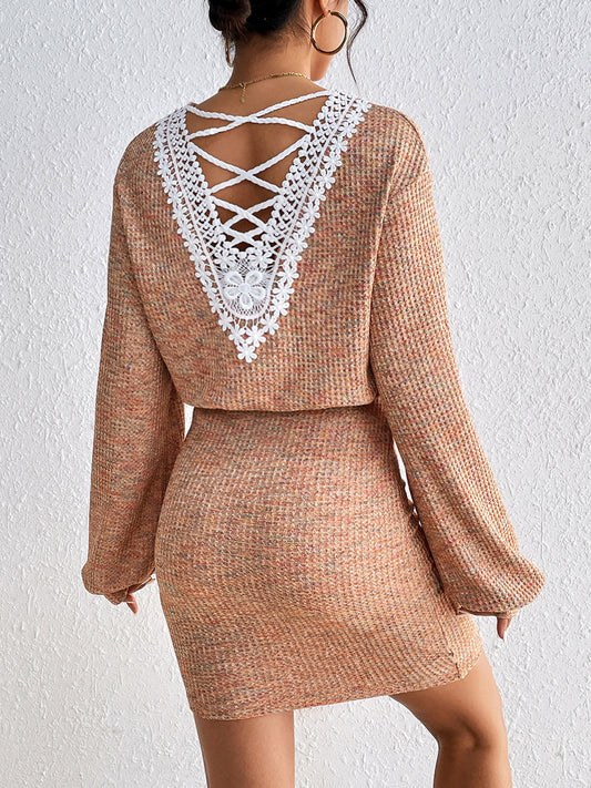 Honey Lace Detail V-Neck Mini Dress Tan