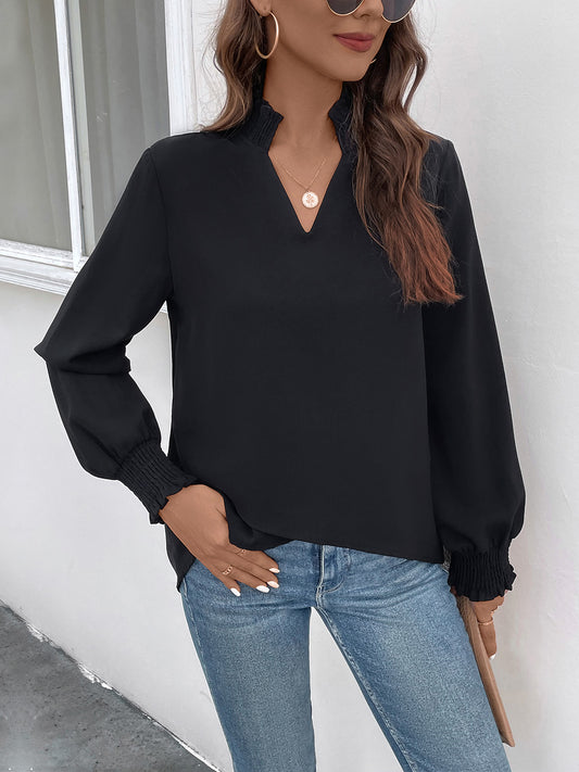 Perfee Smocked Notched Long Sleeve Blouse Black