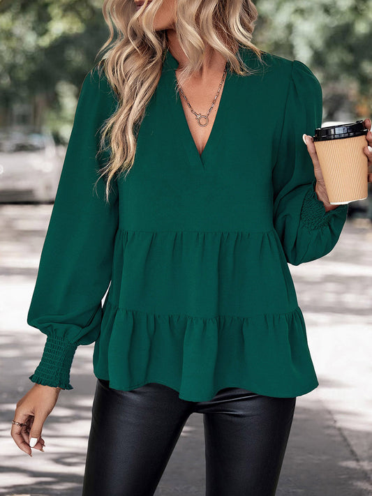 Perfee Notched Neck Lantern Sleeve Blouse Green