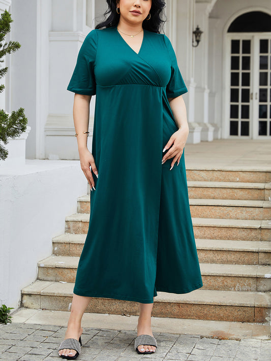 Plus Size Slit Surplice Short Sleeve Midi Dress Deep Teal
