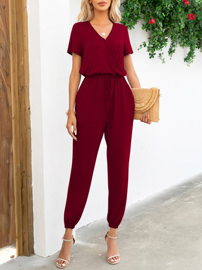 Short Sleeve V-Neck Jumpsuit with Pockets Deep Red