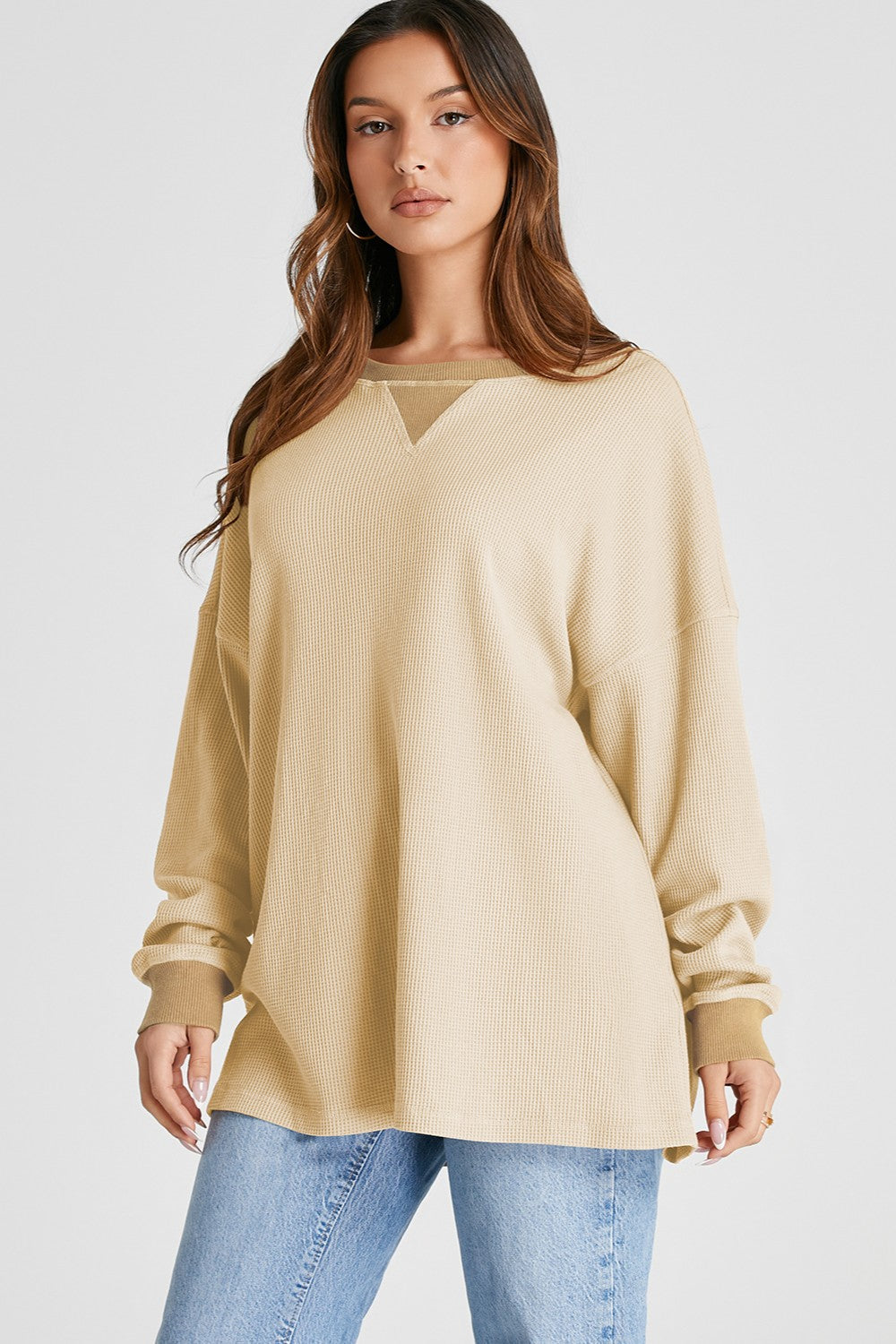 Waffle-Knit Long Sleeve Sweatshirt Dust Storm