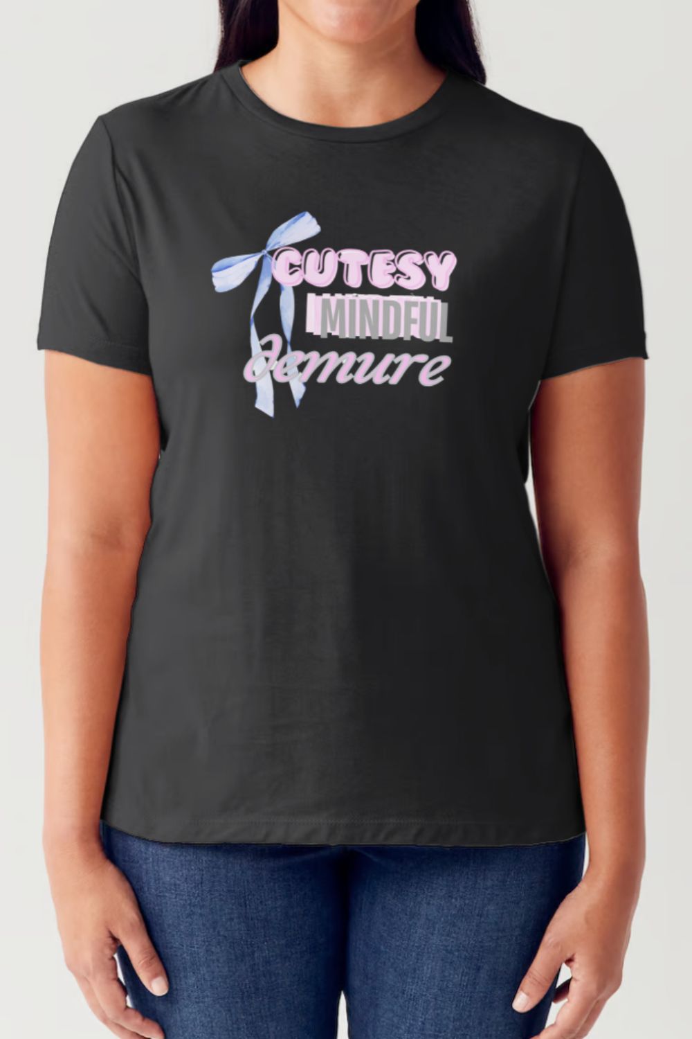 Simply Love Full Size CUTESY MINDFUL DEMURE Letter Graphic Short Sleeve Tubular T-Shirt Black