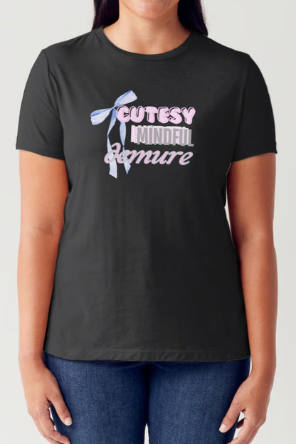 Simply Love Full Size CUTESY MINDFUL DEMURE Letter Graphic Short Sleeve Tubular T-Shirt Black
