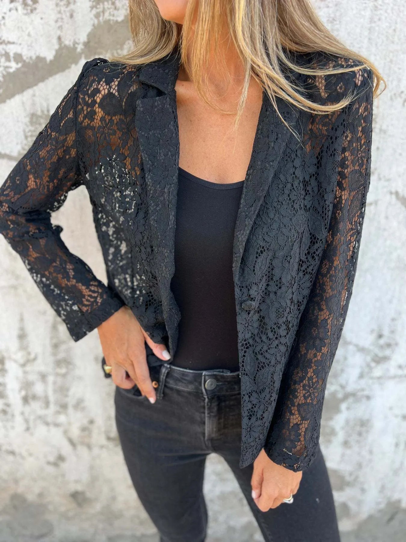 Full Size Lace Open-Front Blazer Plus Size Black