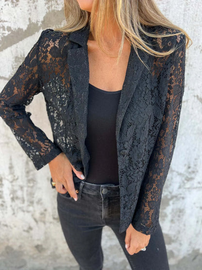 Full Size Lace Open-Front Blazer Plus Size Black