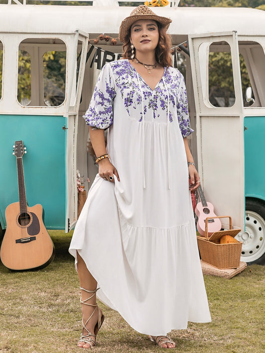 Plus Size Printed Tie Neck Half Sleeve Maxi Dress White