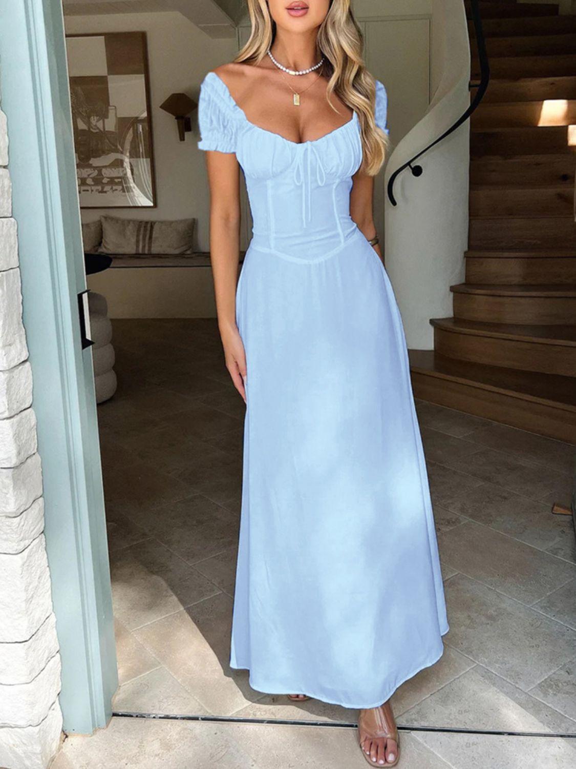 Devine Sweetheart Neck Short Sleeve Maxi Dress Light Blue