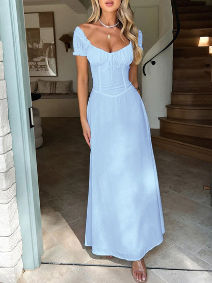 Devine Sweetheart Neck Short Sleeve Maxi Dress Light Blue