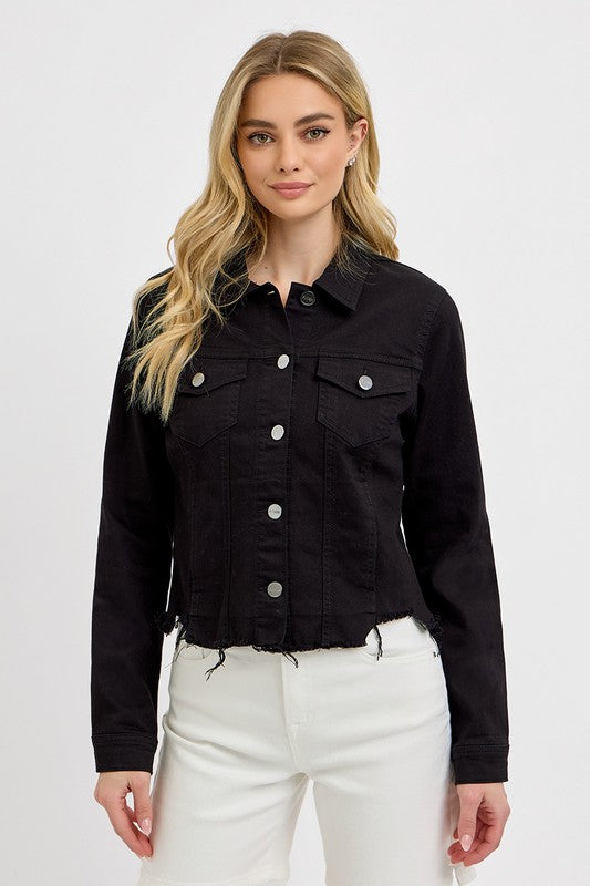 RISEN Full Size Irregular Fray Hem Button Up Denim Jacket Plus Size Black