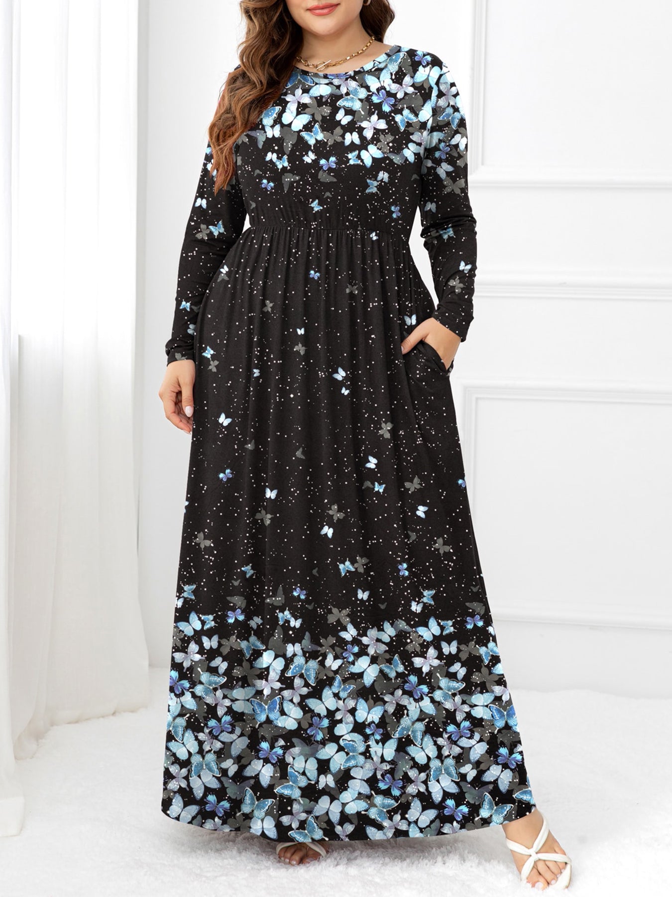 Plus Size Round Neck Maxi Dress with Pockets Pastel Blue