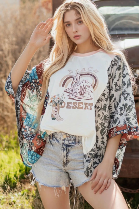 Peace Desert Graphic Asymmetric Printed Patchwork Sleeve Top White