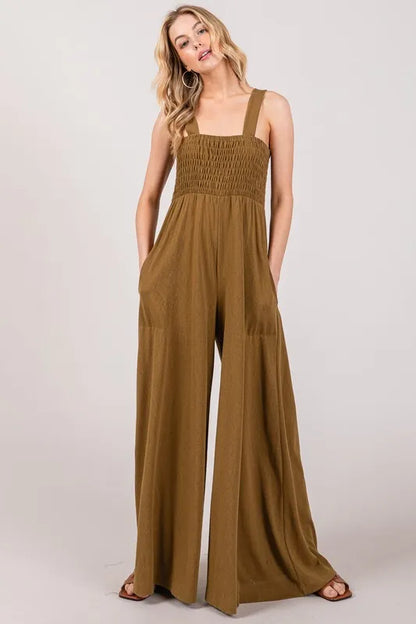 SAGE+FIG Smocked Flowy Wide Leg Jumpsuit OLIVE