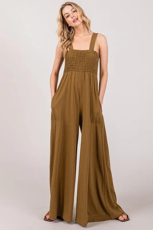 SAGE+FIG Smocked Flowy Wide Leg Jumpsuit OLIVE
