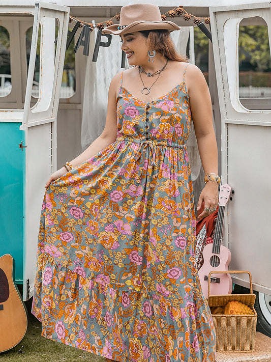 Drawstring Ruffle Hem Maxi Dress Floral