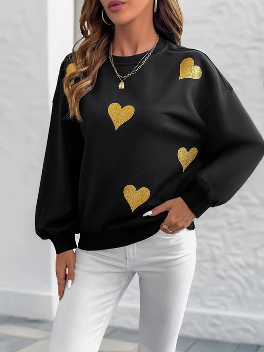 Heart Print Long Sleeve Sweatshirt Black
