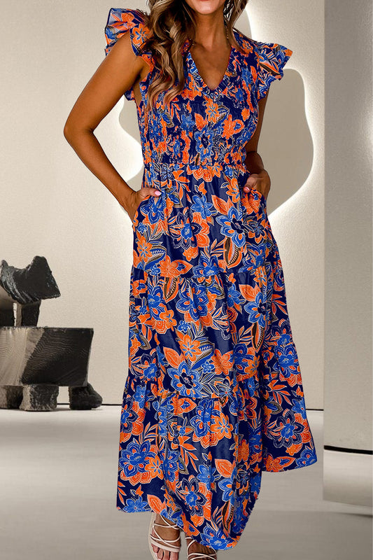 Ruffled Printed Cap Sleeve Dress Multicolor