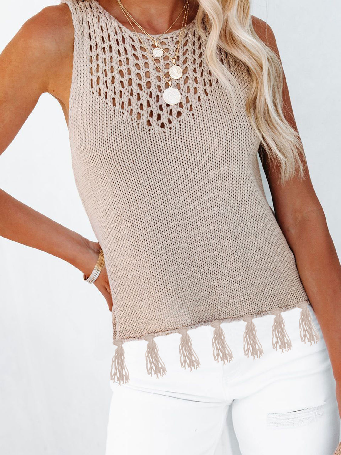 Cutout Tassel Round Neck Tank Dust Storm
