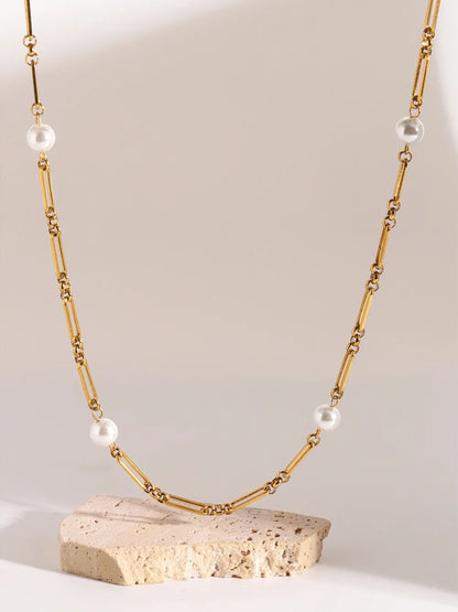 Stainless Steel Pearl Chain Necklace Gold One Size