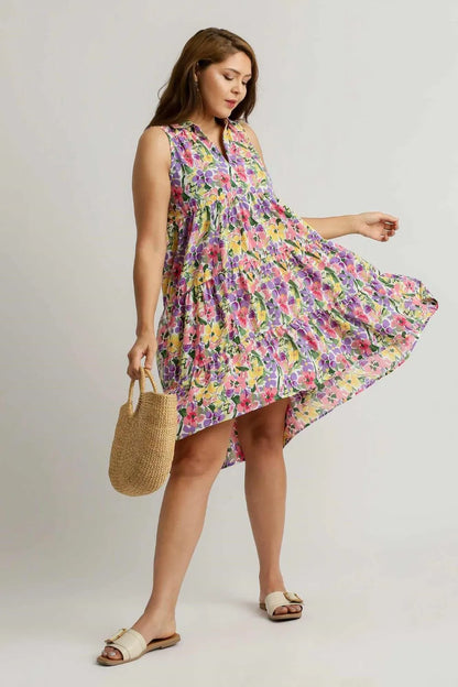Umgee Full Size High-Low Hem Floral Sleeveless Tiered Dress Plus Size