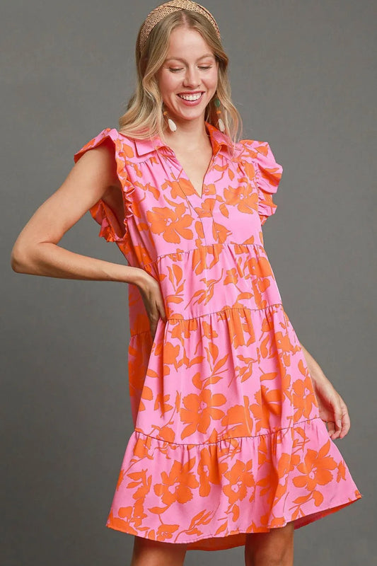 Umgee Full Size Floral Print Ruffle Cap Sleeve Tiered Dress Plus Size PINK ORANGE