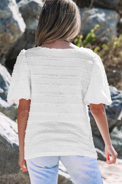 Frilled Lace Trim Bubble Sleeve Blouse