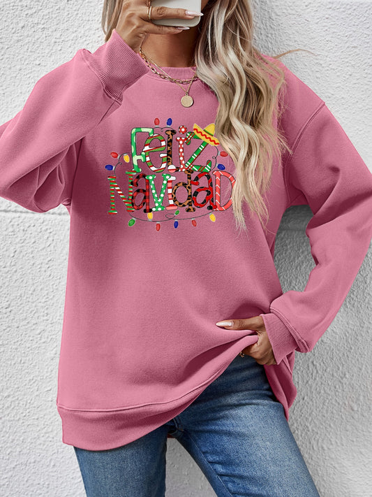 FELIZ NAVIDAD Round Neck Drop Shoulder Sweatshirt Moonlit Mauve