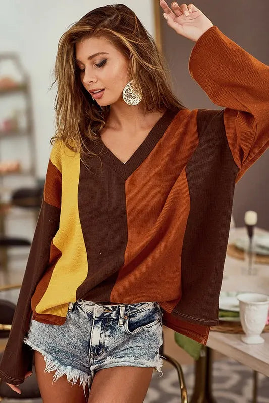 BiBi Brushed Thermal Color Block V-Neck Knit Top MOCHA CAMEL MUSTARD