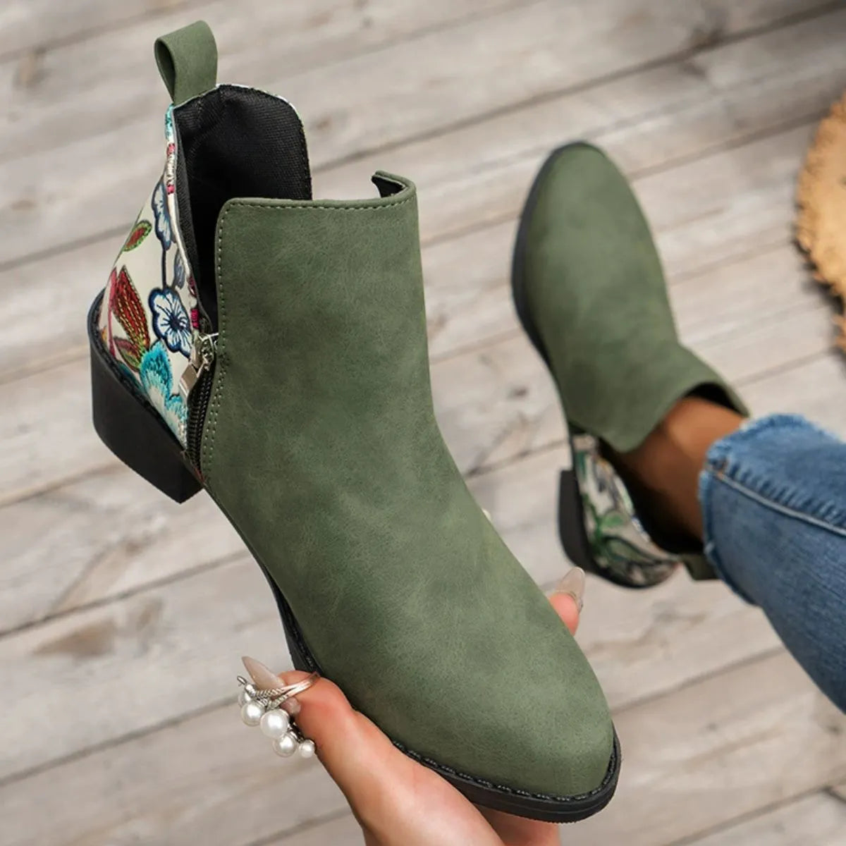Point Toe Block Heels Boots Moss