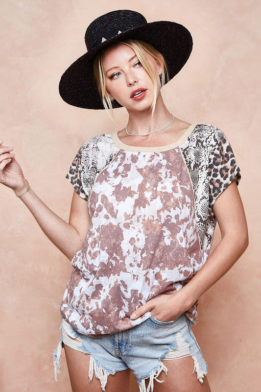 BiBi Round Neck Leopard & Snakeskin Short Sleeve T-Shirt Multicolor