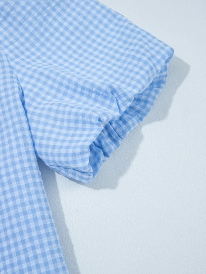 Gingham Print Puff Sleeve Button-Up Shirt