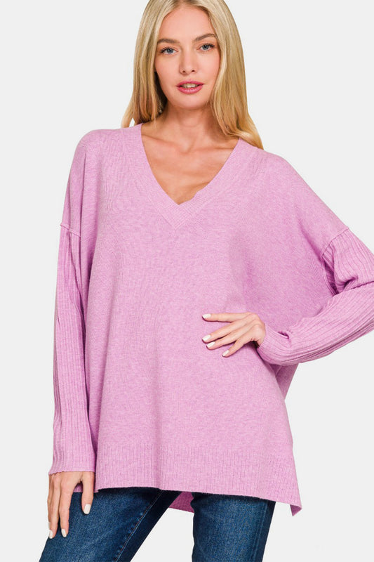 Zenana V-Neck Side Slit High-Low Sweater H Mauve