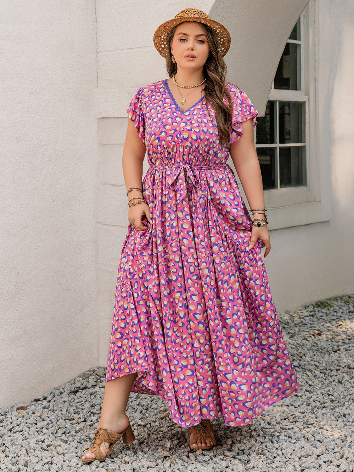Plus Size Printed V-Neck Flutter Sleeve Tie Waist Maxi Dress Red-Violet