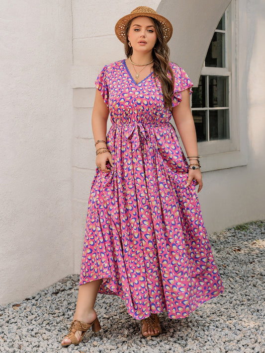 Plus Size Printed V-Neck Flutter Sleeve Tie Waist Maxi Dress Red-Violet