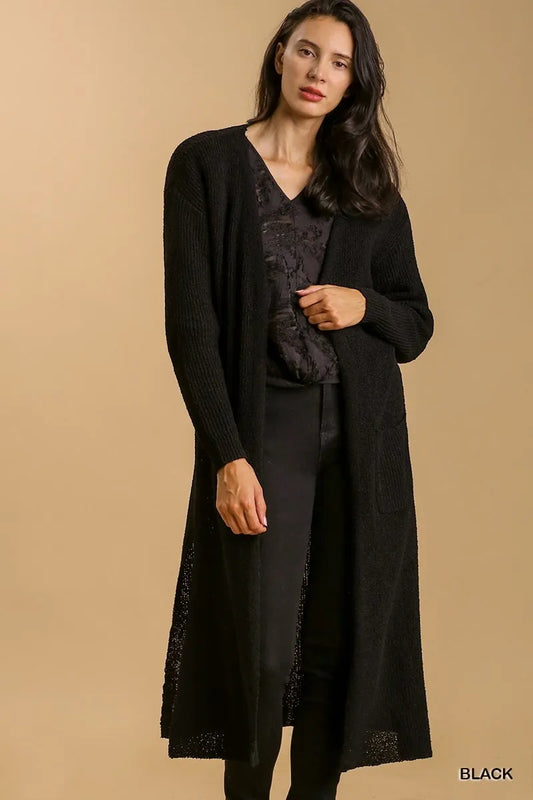 Umgee Full Size Lightweight Open Front Long Cardigan with Side Slit Plus Size Black