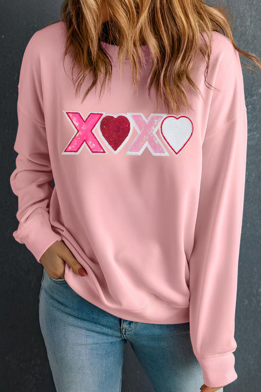 Valentine’s Day XOXO Round Neck Long Sleeve Sweatshirt Dusty Pink