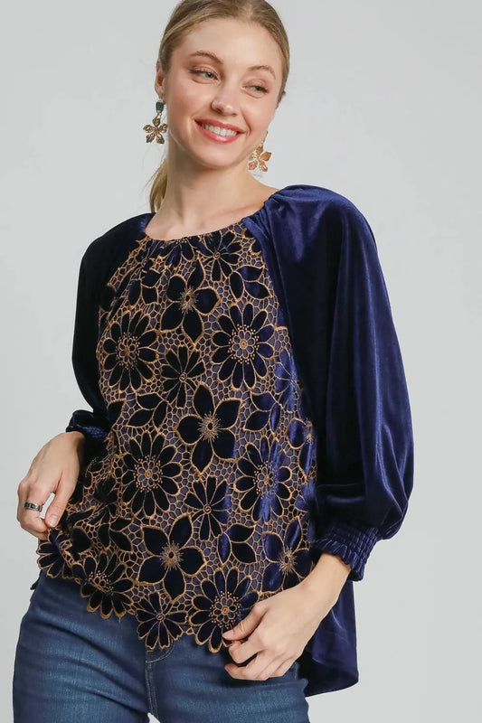 Umgee Full Size Floral Lace Velvet Raglan Sleeve Top Plus Size Dark Blue