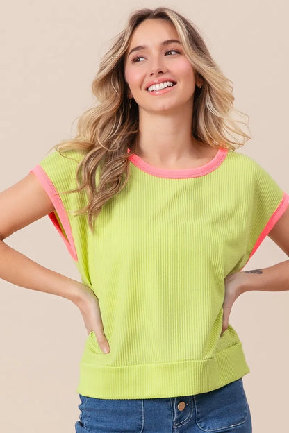 BiBi Cord Rib Knit Contrast Banded Top