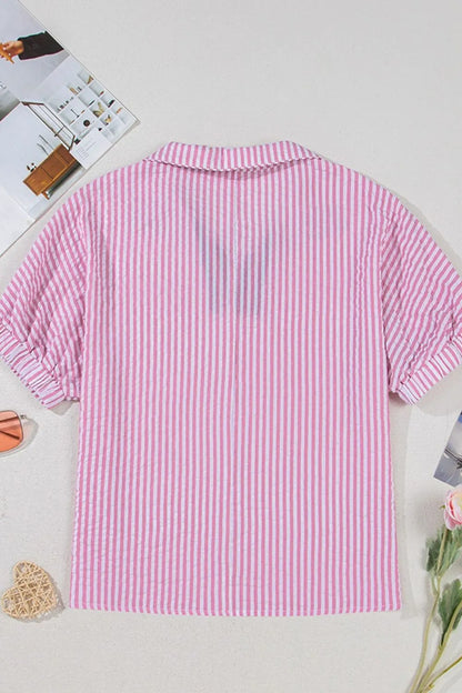 Striped Print Contrast Split Neck Dolman Sleeve Blouse