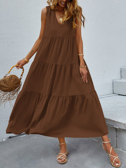 FAM-FAM Tiered V-Neck Sleeveless Dress Brown